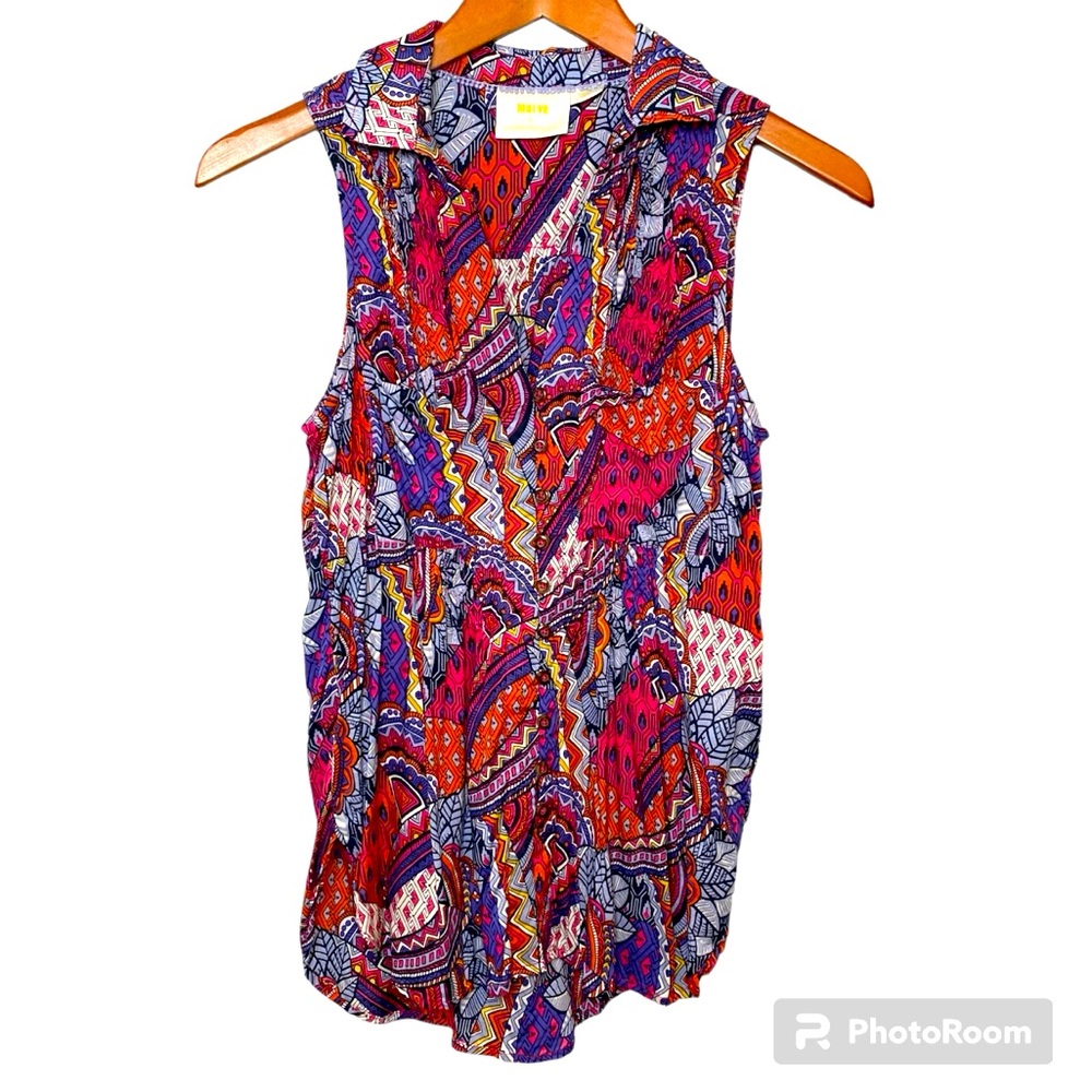 Maeve for Anthro Bright Colored Mandala and Floral Sleeveless Button Down Blouse